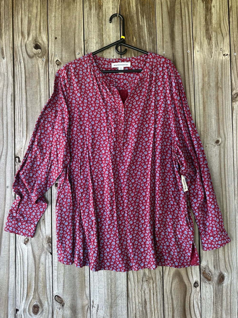 Burgundy Blue Long-Sleeve Floral Henley Blouse Women’s Sz XXL Cottagecore Indie